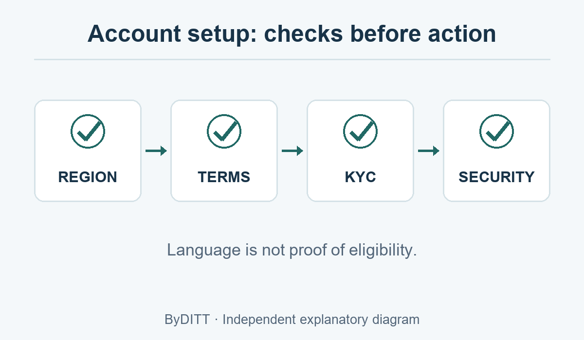 Bybit account setup starts with regional eligibility, current terms, identity verification and security. A page's language does not determine whether you can use the service.