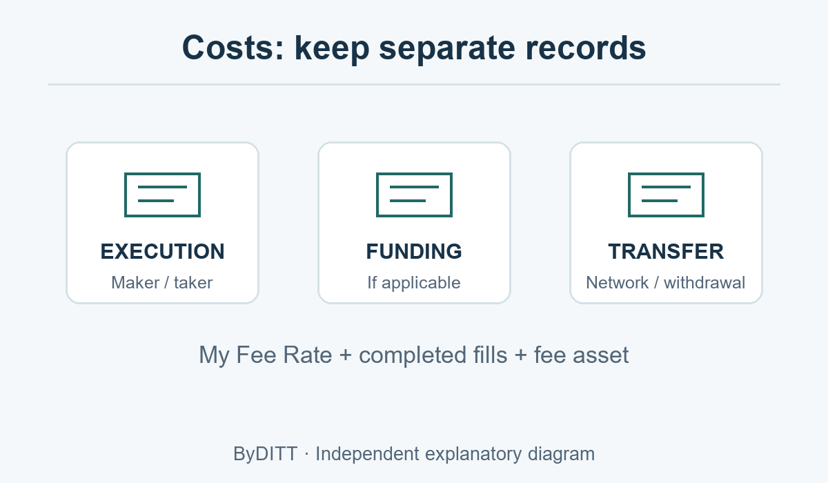 Separate execution fees, funding where applicable, and transfer costs. Compare My Fee Rate with completed fills and the asset in which the fee was charged.